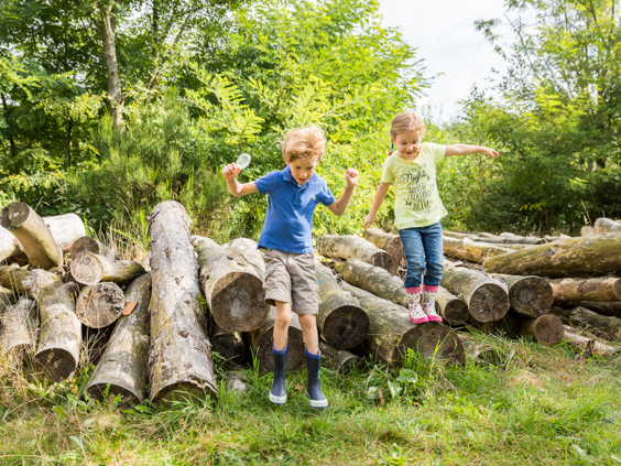 Twee kinderen, een jongen en een meisje, springen lachend van een stapel boomstammen in het avontuurlijke speelbos van Landal Hof van Saksen.