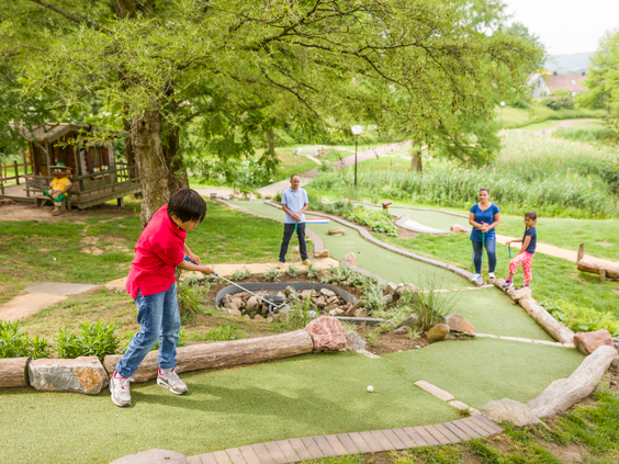 Een gezin speelt midgetgolf op de avontuurlijke midgetgolfbaan, die is aangelegd in een natuurlijke, groene omgeving op Landal Hoog Vaals.