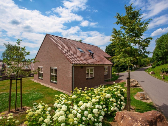 Een vrijstaand, stenen vakantiehuis op Landal Hoog Vaals, omringd door een groen gazon en bloeiende witte hortensia's op een zonnige dag.