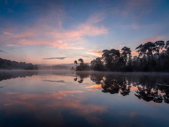 Een adembenemende zonsondergang met roze en oranje kleuren in de lucht, die weerspiegelt in het water van een van de vennen in de bosrijke omgeving van Oisterwijk, nabij Landal Klein Oisterwijk.