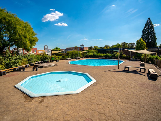 Het openluchtzwembad en het aparte peuterbad op een zonnige dag bij Landal Marina Resort Well.