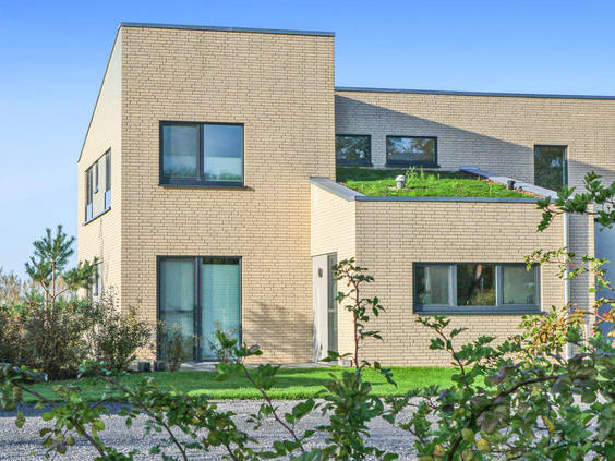 Duurzame en modern ontworpen vakantiewoning op Landal Marissa met een groen dak en strakke architectuur, omgeven door groen.