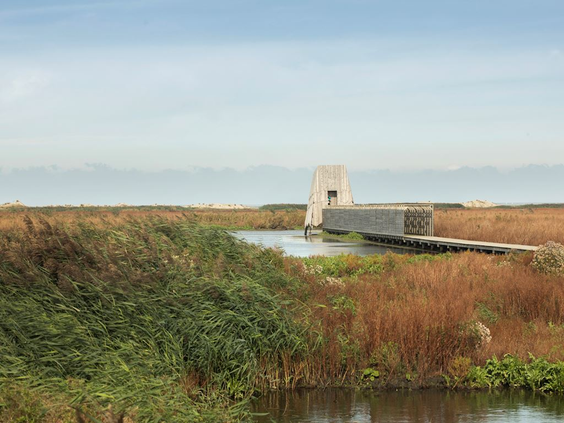 Uitzicht over het groene rietlandschap van de Marker Wadden naar vogelkijkhut 'de Fuut' die aan een vlonderpad ligt.