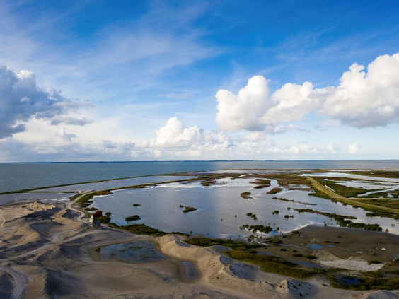 Het weidse, natte landschap van de Marker Wadden met slikken, zandbanken en ondiep water onder een bewolkte hemel