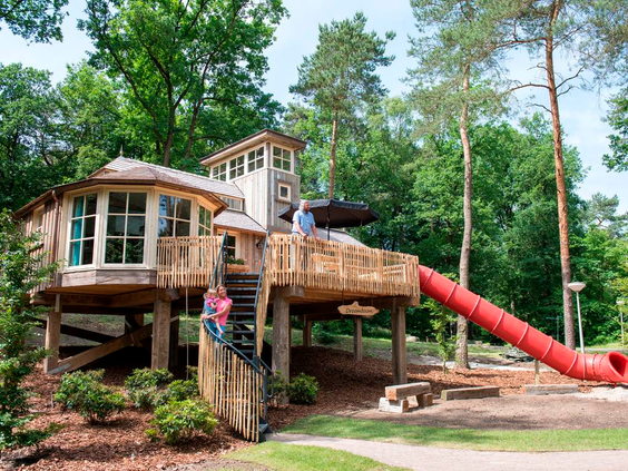 De unieke 4-persoons boomwoning op Landal Miggelenberg met een grote veranda en een eigen rode glijbaan naar beneden.