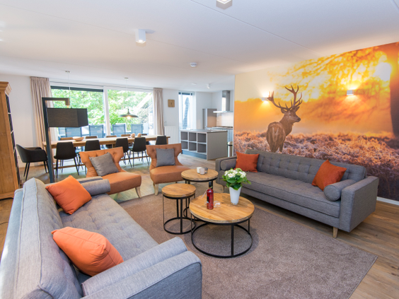 Sfeervolle en ruime woonkamer in een vernieuwde bungalow op Landal Miggelenberg op de Veluwe.