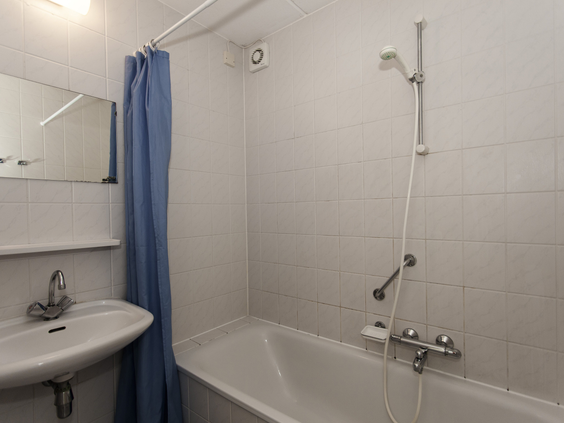 Functionele badkamer in een bungalow op Landal Natuurdorp Suyderoogh, voorzien van een wastafel en een bad met douche.