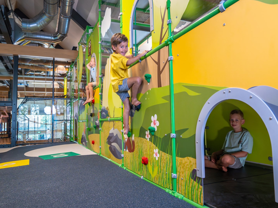 Kinderen klimmen en klauteren in het uitdagende klimparcours van de binnenspeeltuin op vakantiepark Landal Orveltermarke.