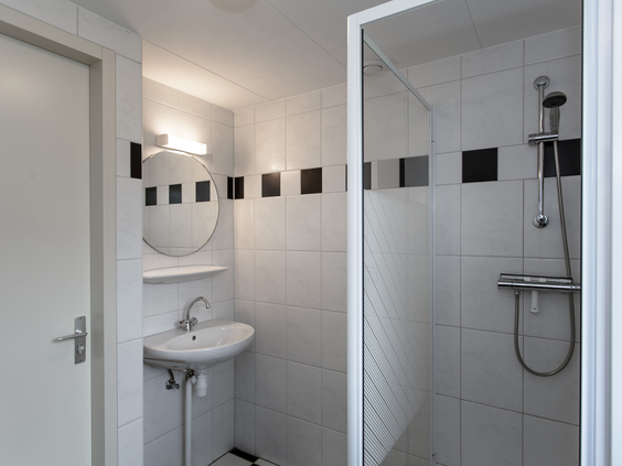 Moderne, wit betegelde badkamer met een wastafel, spiegel en een ruime inloopdouche in een bungalow op Landal Orveltermarke.