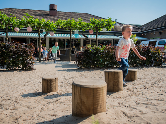 Kinderen spelen rondom houten boomstamzitjes in de speeltuin van Landal Rabbit Hill