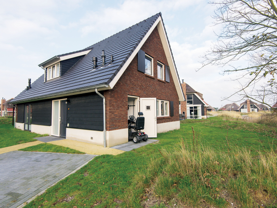 Een moderne, vrijstaande bungalow met een donker puntdak en bakstenen muren, gelegen in het groene landschap van Landal Sluftervallei.