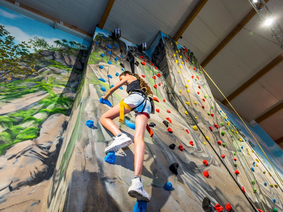 Een kind beklimt de uitdagende indoor klimwand in de indoorspeelhal van vakantiepark Landal Sonnenberg