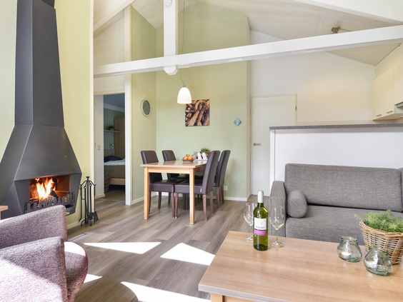 Sfeervol ingerichte woonkamer van een bungalow op Landal Stroombroek, met een brandende open haard en comfortabele zithoek.
