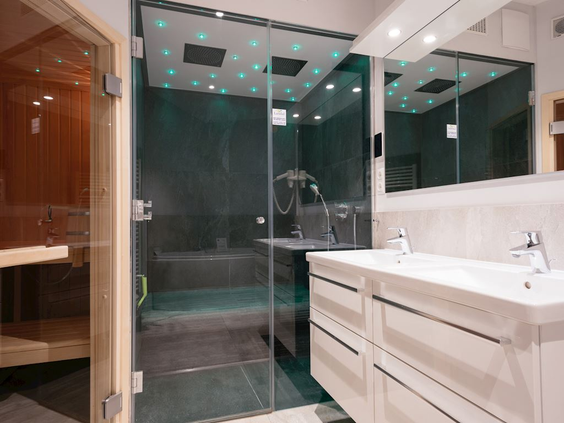 De luxe badkamer van een vakantiewoning bij Landal Travemünde, voorzien van een moderne privé sauna.