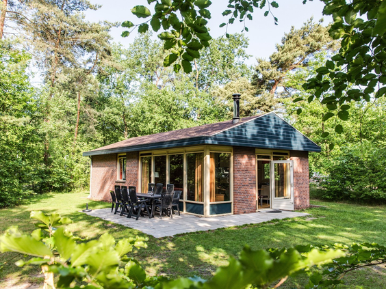 Een vrijstaande bungalow op Landal Twenhaarsveld, gelegen in het bos en voorzien van een terras met tuinmeubilair.