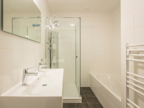 Moderne, lichte badkamer met inloopdouche, wastafel en een bad in een appartement van Landal Vlieduyn.
