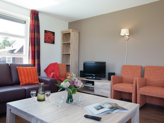 De gezellige en comfortabele zithoek met een bank, stoelen en een televisie in een appartement op Landal Waterparc Veluwemeer.