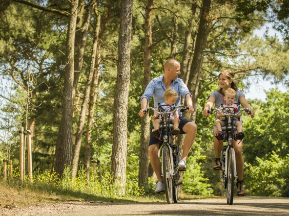 Een gezin met jonge kinderen in fietsstoeltjes fietst over een bospad in de omgeving van Blocksyl.