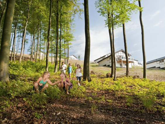 Kinderen spelen op de bosgrond tussen de bomen, direct naast de vakantiehuizen van Landal Winterberg in het Sauerland.