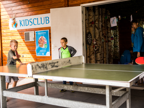 Twee jongens spelen een potje tafeltennis bij de houten ingang van de Kidsclub op Landgoed de Scheleberg.