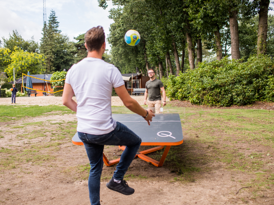 Twee mannen spelen een potje Teqball (tafelvoetbal) op een buitentafel in de bosrijke omgeving van Landgoed de Scheleberg.