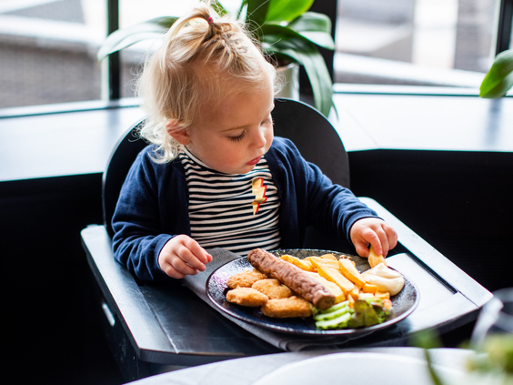 Een klein kind zit in een kinderstoel te smullen van een kindermenu met frietjes en een snack in het parkrestaurant.
