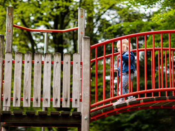 Een jong kind loopt over een rode brug van een houten klimtoestel in de buitenspeeltuin van Landgoed de Scheleberg.
