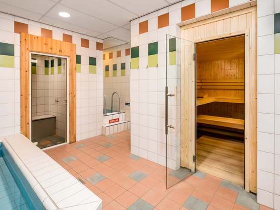 De wellness-ruimte bij het zwembad van Landgoed het Grote Zand, met een houten sauna voor ontspanning.