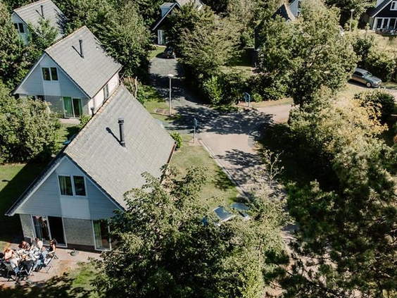 Overzicht van de vrijstaande vakantiehuizen op Landgoed Ruwinkel, prachtig gelegen tussen de bomen en het groen.