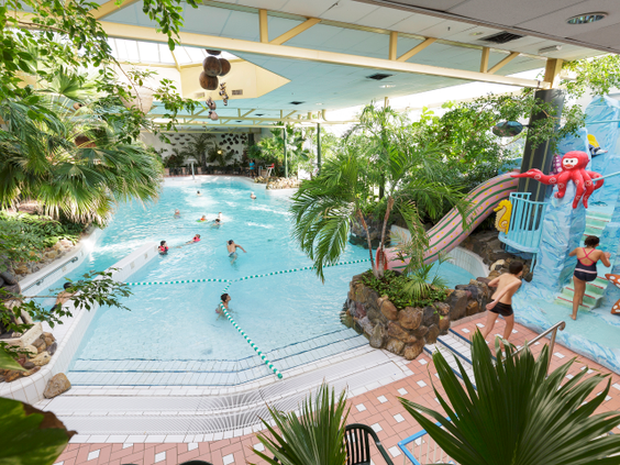 Bezoekers zwemmen in het tropische golfslagbad van de Aqua Mundo in Center Parcs Limburgse Peel.