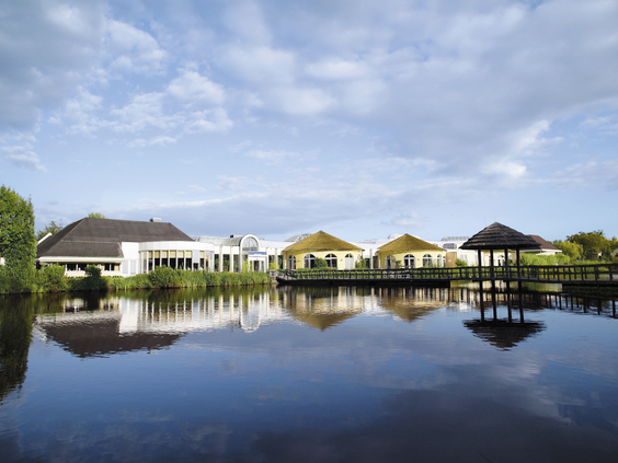 Vakantiecottages direct gelegen aan het water bij Center Parcs Limburgse Peel, met een mooie weerspiegeling in het meer.