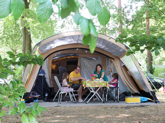 Een gezin eet gezellig samen voor hun eigen tent op een kampeerplaats op Molecaten Park Bosbad Hoeven, omringd door bomen.