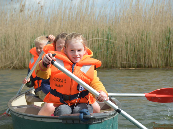 Een groep kinderen met zwemvesten aan peddelt vrolijk in een kano op de roeivijver van Molecaten Park Bosbad Hoeven.