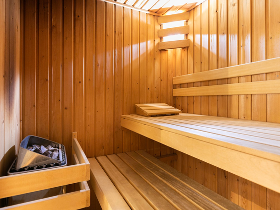 Het interieur van een privé houten sauna in een wellness vakantiewoning op Parc de Berkenhorst.