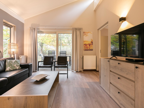 Het interieur van de woonkamer in een bungalow op Parc de Berkenhorst, met een bank, tv en openslaande deuren naar het terras.