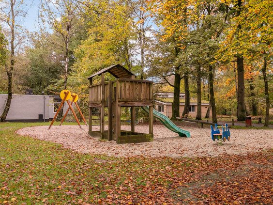 Houten speeltuin met glijbaan en schommels, omringd door herfstbladeren in het bos op Parc de Berkenhorst.