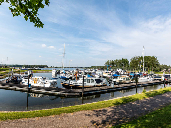 Overzicht van de grote en levendige jachthaven van Recreatiepark Het Esmeer, gevuld met zeilboten en plezierjachten.