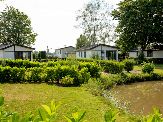Overzicht van de ruime en groene opzet van Recreatiepark Het Esmeer, met vakantiehuisjes gelegen tussen de bomen en aan het water.