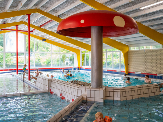 Kleurrijk peuterbad met een paddenstoelfontein in het binnenzwembad van Recreatiepark 't Gelloo.