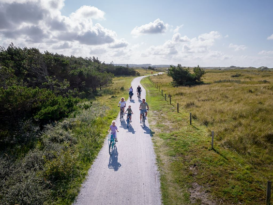 Luchtfoto van een familie die fietst over een fietspad door het uitgestrekte duinlandschap nabij Bergen.