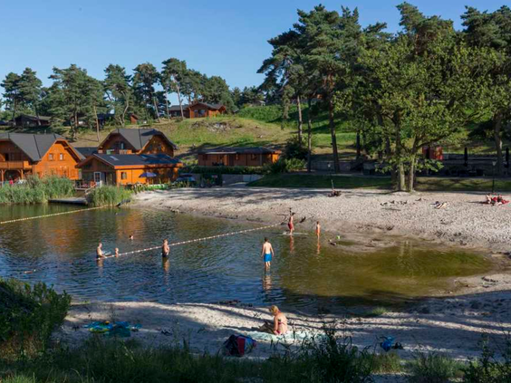 Kinderen en volwassenen genieten van het natuurwater en het zandstrand bij de recreatieplas van Resort Brunssummerheide, omringd door bomen en lodges.