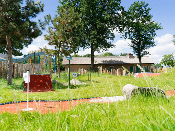 Een uitdagende hole op de avontuurlijke midgetgolfbaan van Resort Kaatsheuvel, gelegen in een zanderig landschap.