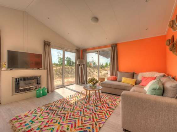 Stijlvol ingerichte woonkamer van een vakantiehuis op Resort Kaatsheuvel, met een vrolijk gekleurd vloerkleed, een hoekbank en een sfeerhaard.
