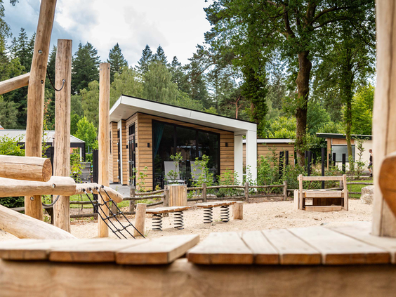 Houten speeltoestellen van de Silva speeltuin op Resort Veluwe, gelegen tussen de bomen.