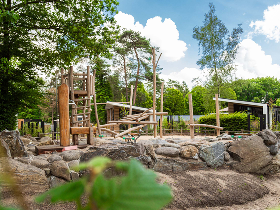 Natuurlijke speeltuin met houten speeltoestellen, gelegen tussen de vakantiewoningen op Resort Veluwe.