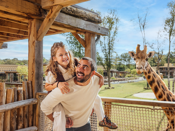 Een meisje op de rug van haar vader lachen bij een giraffe in Safari Hotel Beekse Bergen