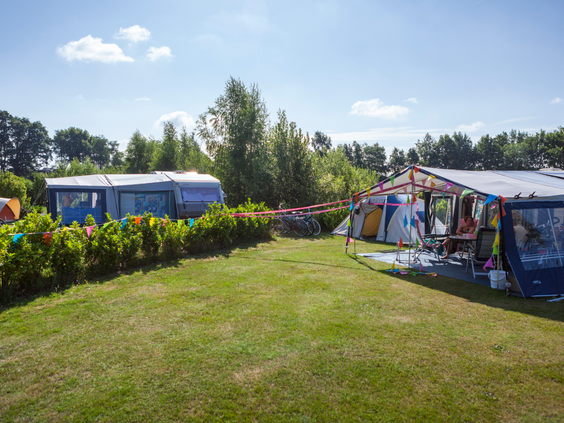 Een ruime, groene kampeerplaats op Vakantiepark Sallandshoeve met een grote caravan en voortent, omringd door een heg.