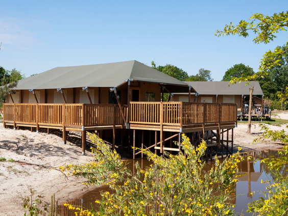 Twee grote, luxe safarilodges gebouwd op palen aan de rand van de zanderige oever van de speelvijver op Sallandshoeve.