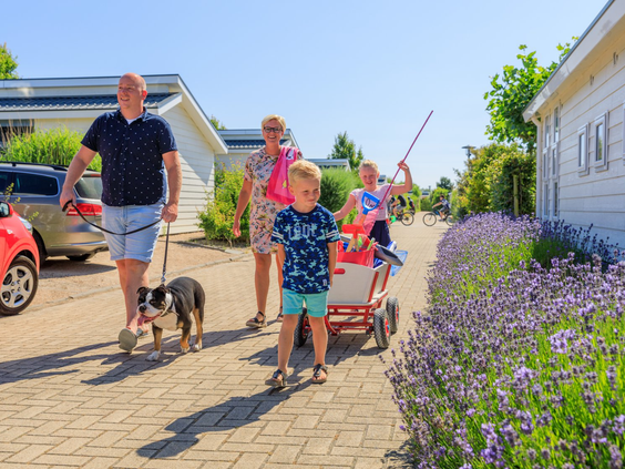 Een gezin met kinderen, een hond en een bolderkar wandelt over het pad tussen de vakantiehuisjes op Strandpark De Zeeuwse Kust.