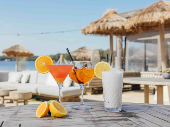 Kleurrijke zomerse cocktails op het terras van de beachclub bij Lake Resort Beekse Bergen